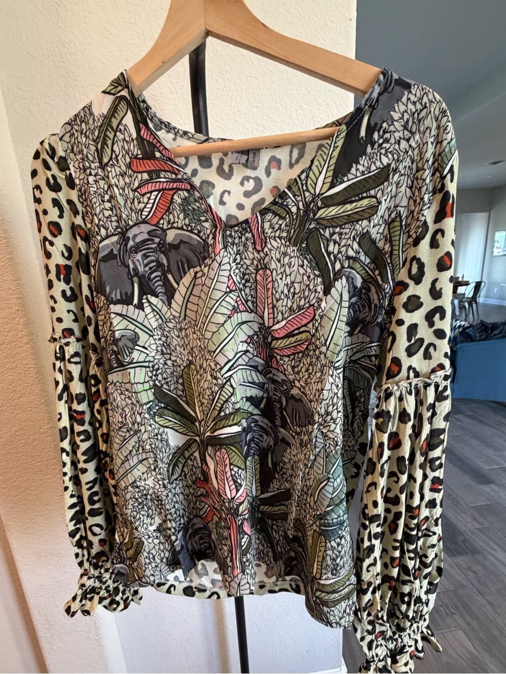 NEW BL^NK London Elephant Leopard Mixed Print Ruffle Blouse Medium
